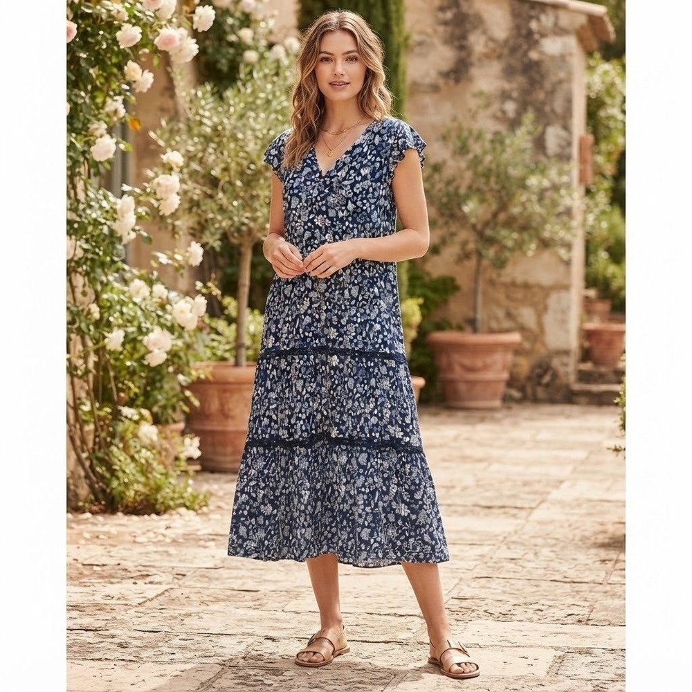 💥🏷️Lucky Brand Midi Dress Women 2X Blue Floral Tiered Boho Flutter Sleeve